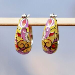 Yellow Pink Enamel Earrings Sterling Silver, Wide Hoops , Stained Glass Earrings